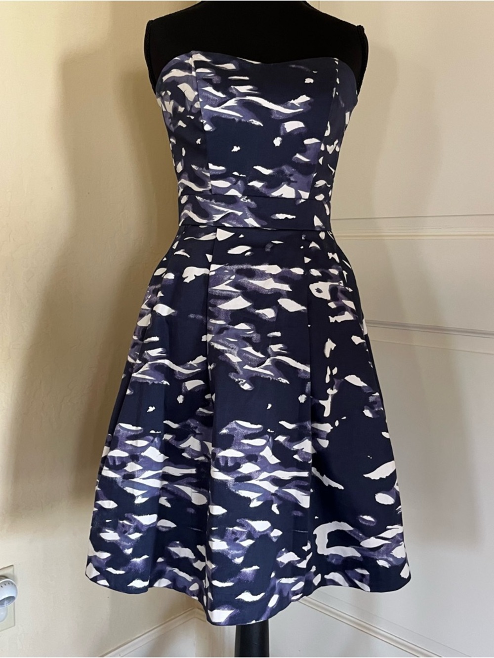 H&M Navy and White Strapless Fit-and-Flare Dress